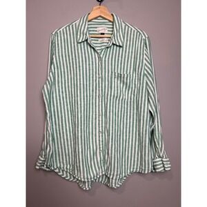 Universal Thread Green White Striped Linen Blend Button Down Shirt | Size Large